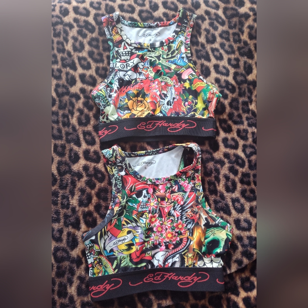 2 Ed Hardy Multicolor Graphic Crop/workout Tops